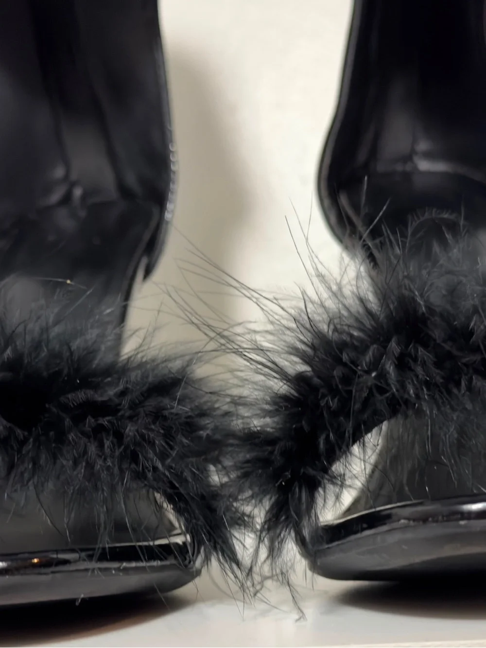 SHEIN Black Patent Faux Fur Ankle-Strap High Heels